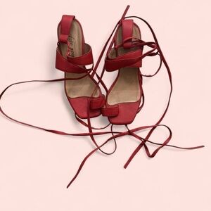 Modern Genuine Leather Red Lace Up Ankle Gladiator Chunky Low Mid Sandals Heels
